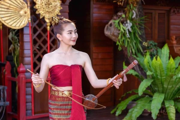 タイの女性はタイの楽器と伝統的な北タイ文化の衣装を着ていました タイのアイデンティティ文化 — ストック写真