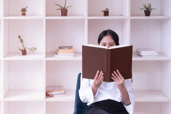 Asian Woman Holding Reading Book Female Enjoying Reading Book — Stock Photo, Image