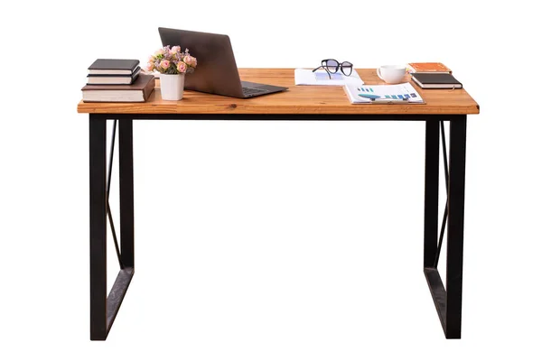 Schreibtisch Aus Holz Mit Laptop Brille Und Notizbuch Isoliert Auf — Stockfoto