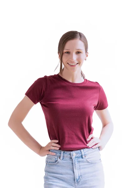 Eine Junge Frau Lächelt Fröhlich Vor Weißem Hintergrund — Stockfoto