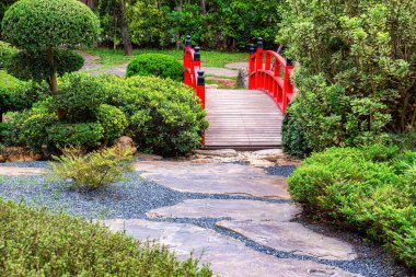 Japon tarzı bir bahçede çimlerin arasında yürüyen bir taş. Bahçede peyzaj..