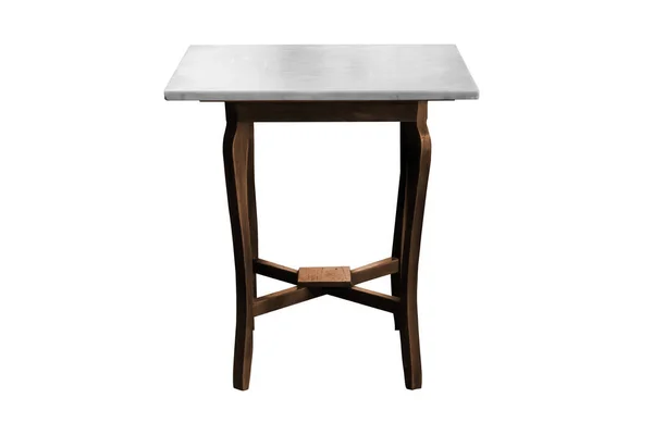 白い背景で単純化された木製の足が付いている大理石のテーブルは道と働きます — ストック写真