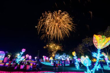 Chiang Mai havai fişek gösterisi Chaloem Phrakiat Park, Chiang Mai Eyaleti, Tayland 'da geri sayım kutlaması. Renkli Yeni Yıl Havai fişekleri