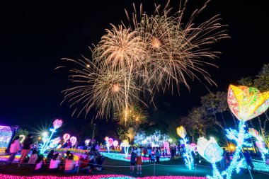 Chiang Mai havai fişek gösterisi Chaloem Phrakiat Park, Chiang Mai Eyaleti, Tayland 'da geri sayım kutlaması. Renkli Yeni Yıl Havai fişekleri