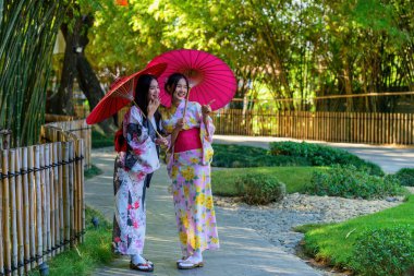 Geleneksel Japon kimonosu ya da şemsiyesi olan genç bir kadın parkta mutlu ve neşelidir. Japon geleneksel yaz elbisesi.