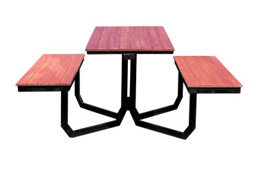 The garden table and benches are made of steel and wood panels isolated on white background with a clipping path. clipart