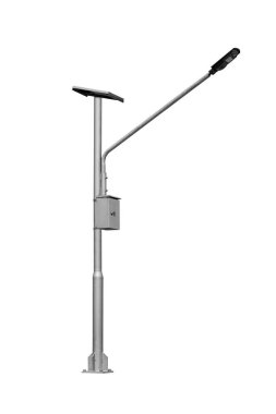 Sokak lambası direği ve güneş panelleri kırpma yolu olan beyaz bir arkaplanda izole edildi.