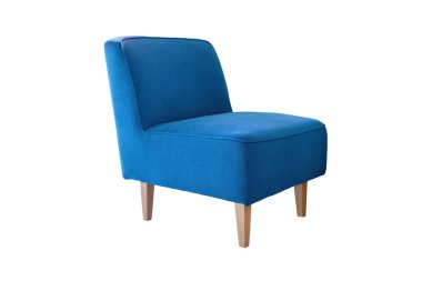 Ahşap bacaklı mavi kumaş kanepe beyaz arka planda kırpma yolu ile izole edilmiş.. 