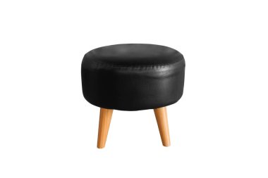 Black leather low stool with wooden legs isolated on white background with clipping path. 