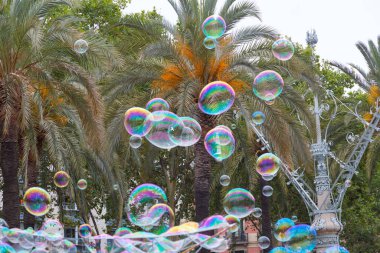 Sabun köpükleri yüzüyor ve şaşırtıcı renkleri yansıtıyor..