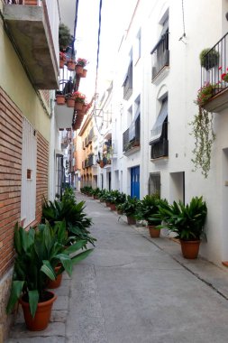 İspanya 'nın Katalonya eyaletinin Barcelona ilindeki Akdeniz' in eski Blanes kasabasının dar sokakları.