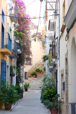 İspanya 'nın Katalonya eyaletinin Barcelona ilindeki Akdeniz' in eski Blanes kasabasının dar sokakları.