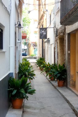 İspanya 'nın Katalonya eyaletinin Barcelona ilindeki Akdeniz' in eski Blanes kasabasının dar sokakları.