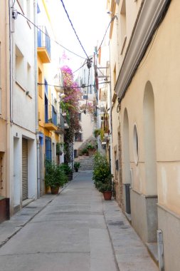 İspanya 'nın Katalonya eyaletinin Barcelona ilindeki Akdeniz' in eski Blanes kasabasının dar sokakları.