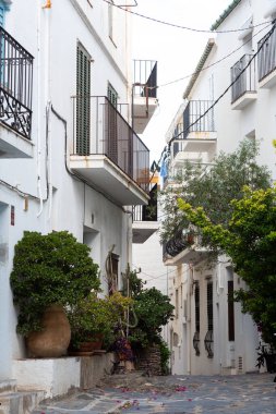 İspanya 'daki antik kaldırım taşı caddesinde balkonlu beyaz binalar