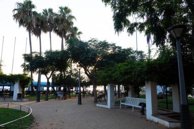 İnsanlar gün batımını ağaçlı, banklı ve sokak lambalı bir parkta severler.