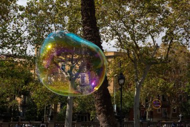 Barselona 'da bir parkta dev sabun köpükleri yapan bir sokak şarkıcısını izleyen turistler