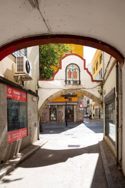 Bitkiler dar bir sokaktan İspanya 'nın bir kasabasındaki kemer yoluna doğru ilerliyor.