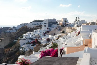 Beyaz boyanmış evler ve mavi kubbeli kiliseler Oia, Santorini, Yunanistan 'da pitoresk bir şehir manzarası yaratıyor.