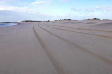 Paralel lastik izleri kumlu bir sahilde uzak binalara doğru kıvrılıyor. Bu da off-road araç aktivitesi olduğunu gösteriyor.
