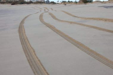 Paralel lastik izleri kumlu bir sahilde uzak binalara doğru kıvrılıyor. Bu da off-road araç aktivitesi olduğunu gösteriyor.