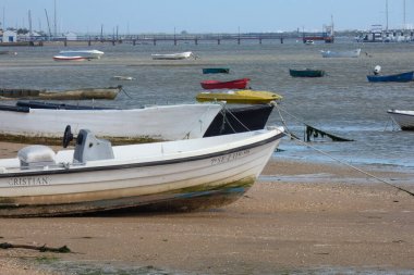 Kıyıdaki küçük mavi ve beyaz balıkçı teknesi ıslak kumda dinleniyor, enkazlarla çevrili.