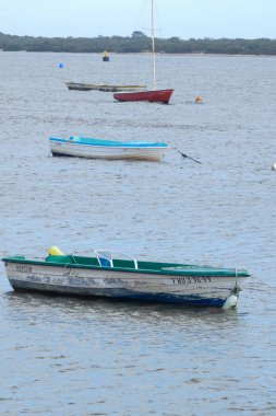 Kıyıdaki küçük mavi ve beyaz balıkçı teknesi ıslak kumda dinleniyor, enkazlarla çevrili.