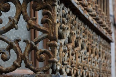 Paslı, süslü demirden bir çitin yakın çekimi havanın bozulduğunu ve ihmal edildiğini gösteriyor.