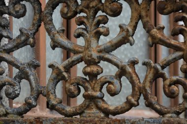 Paslı, süslü demirden bir çitin yakın çekimi havanın bozulduğunu ve ihmal edildiğini gösteriyor.