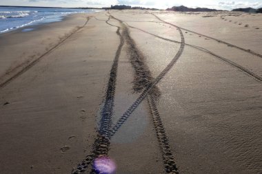 Paralel lastik izleri kumlu bir sahilde uzak binalara doğru kıvrılıyor. Bu da off-road araç aktivitesi olduğunu gösteriyor.