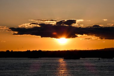 Kuşlar güzel bir altın saat boyunca uçuyor. Karanlık bulutlar ve parlak merceklerle gün batımında.