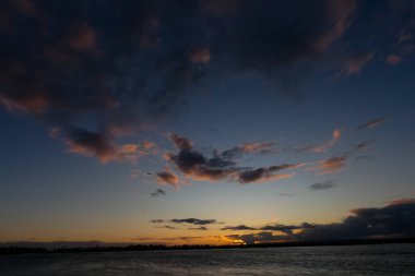 Güzel beyaz kümülüs bulutları, derin mavi bir gökyüzünde görülür. Huzurlu ve manzaralı bir manzara yaratır.