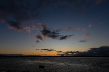 Gün batımında turuncu ve pembe bulutlarla sakin okyanus suyunun üzerinde uçan kuş.