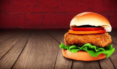 Tavuk burger. Baharatlı kızarmış tavuk burger reklamı. Taze lezzetli gurme. Fast food konsepti.