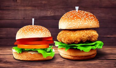 Tavuk burger. Baharatlı kızarmış tavuk burger reklamı. Taze lezzetli gurme. Fast food konsepti.