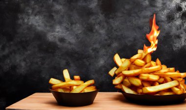 Lezzetli sıcak ve kızarmış patates. Fast food ve restoran ürünleri. Arkaplanda lezzetli patates kızartması var..