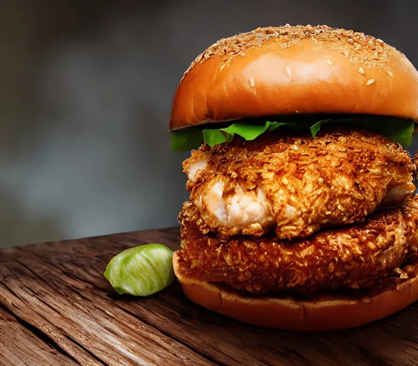 stock image Chicken burger. Spicy fried chicken burger ad. Gourmet fresh delicious. Fast food concept.