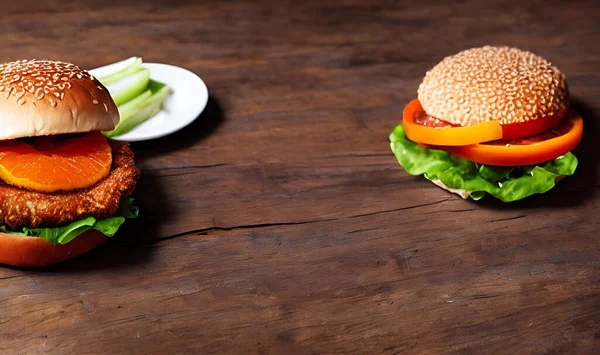 チキンバーガー スパイシーなフライドチキンバーガー広告 新鮮なおいしいグルメ ファーストフードのコンセプト — ストック写真