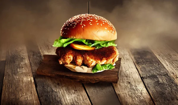 鸡肉汉堡辣味炸鸡肉饼广告 味道鲜美 快餐概念 — 图库照片