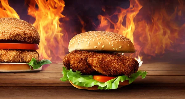 Μπέργκερ Κοτόπουλο Πικάντικη Διαφήμιση Για Μπέργκερ Κοτόπουλου Gourmet Φρέσκα Νόστιμα — Φωτογραφία Αρχείου