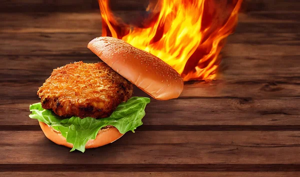 Burger Kurczaka Pikantna Reklama Smażonego Hamburgera Smakosz Świeży Pyszne Koncepcja — Zdjęcie stockowe
