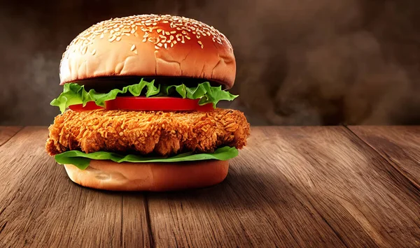 Tavuk burger. Baharatlı kızarmış tavuk burger reklamı. Taze lezzetli gurme. Fast food konsepti.