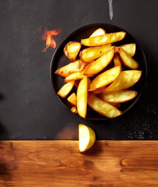 Lezzetli sıcak ve kızarmış patates. Fast food ve restoran ürünleri. Arkaplanda lezzetli patates kızartması var..