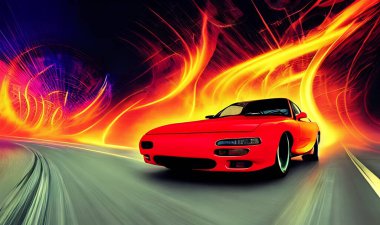 Neon otobanında öfkeli bir spor araba. Gece raylarında renkli ışıklar ve raylarla süper arabaların güçlü hızlanması.