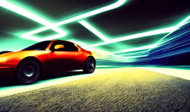 Neon otobanında öfkeli bir spor araba. Gece raylarında renkli ışıklar ve raylarla süper arabaların güçlü hızlanması.
