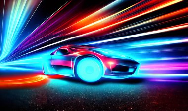 Neon otobanında öfkeli bir spor araba. Gece raylarında renkli ışıklar ve raylarla süper arabaların güçlü hızlanması.