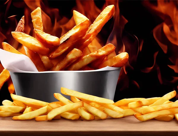 Delicious hot and crispy fried potatoes. Fast food and restaurant products. Yummy golden french fries as background.