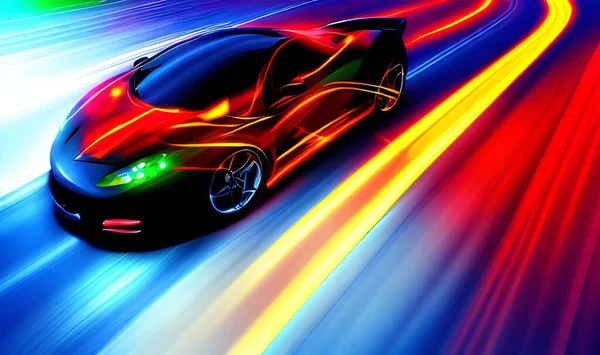 Mașină Sport Stil Furios Autostrada Neon Accelerarea Puternică Super Mașinilor — Fotografie, imagine de stoc