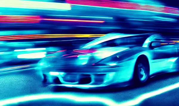 Яростный Спортивный Автомобиль Неоновом Шоссе Мощное Ускорение Суперкаров Ночных Трассах — стоковое фото