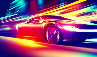 Neon otobanında öfkeli bir spor araba. Gece raylarında renkli ışıklar ve raylarla süper arabaların güçlü hızlanması.